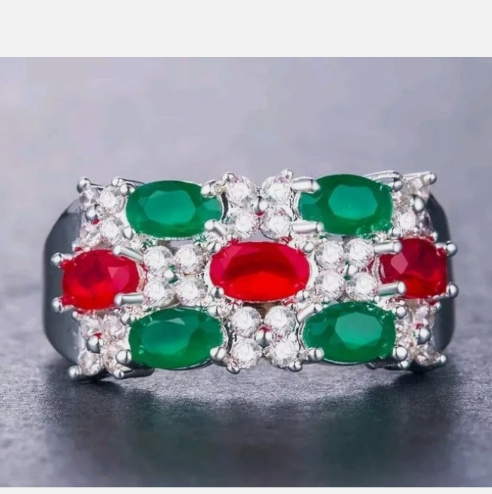 Emerald/Ruby/White Topaz Ring 925 Silver - image 1